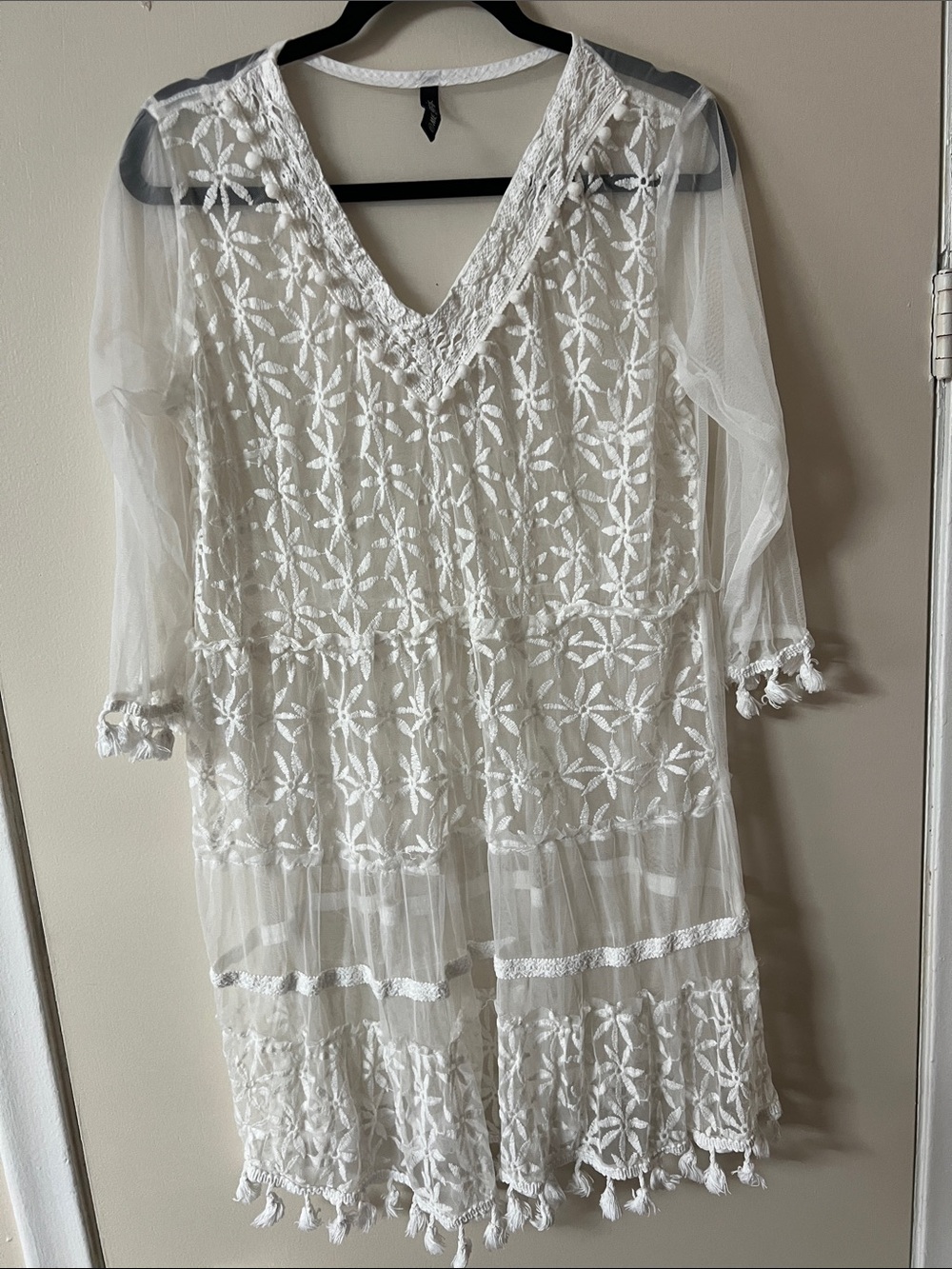 Sheer White Embroidered V-Neck Swim Coverup
